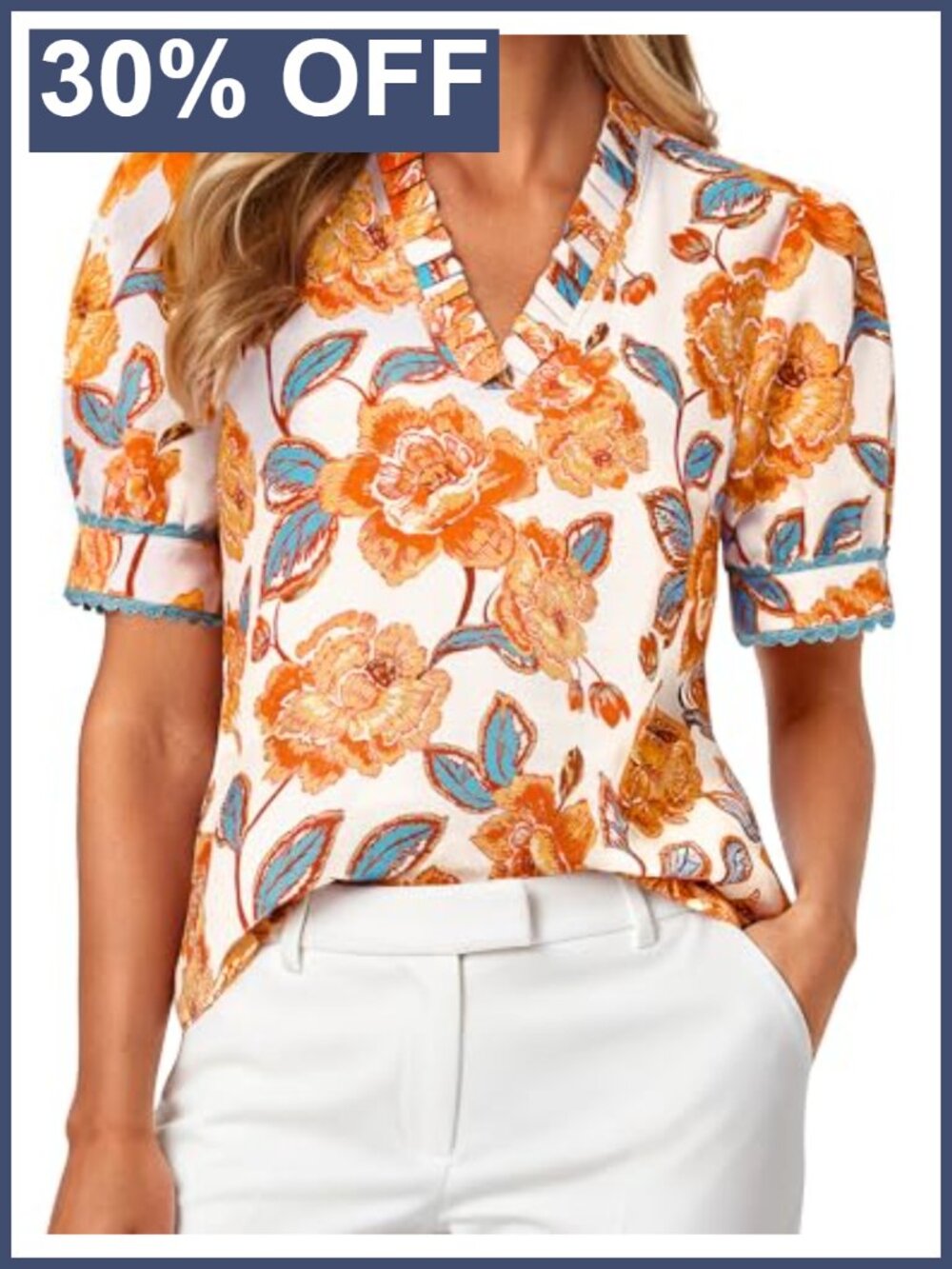 Women Boho Floral Blouse Puff Short Sleeve V-Neck Dressy Casual Top